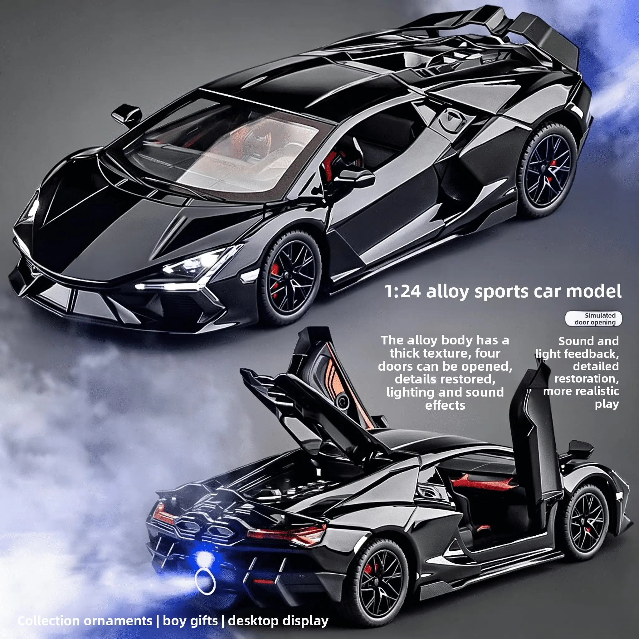 1:24 Scale Alloy Super Car Model, Realistic Spray Car, Scissor Door Design, Lights & Sound, Desktop Decor, Cool Gift for Boys & Car Enthusiasts