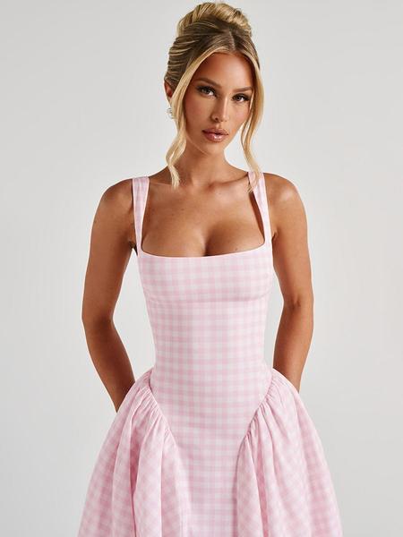 Women's Gingham Print  Square Neck Tank Dress, Chic Fashion Casual Sleeveless A Line Dress for Daily Outdoor Wear, Ladies Dress for Summer