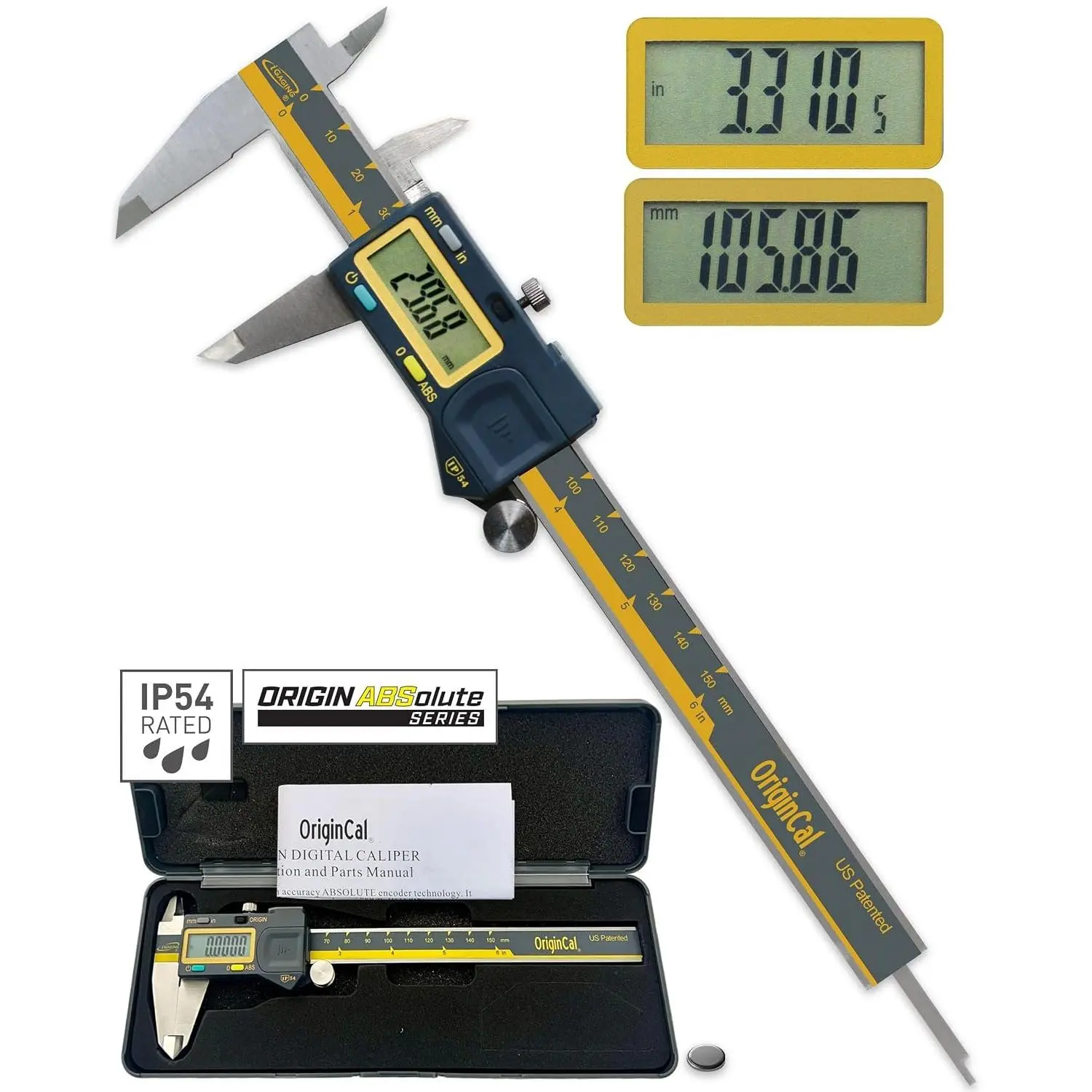 Absolute Origin 0-6" Digital Caliper, IP54 Stainless Steel, SPC/USB Output Port, Inch & Metric Modes, Case, Manual