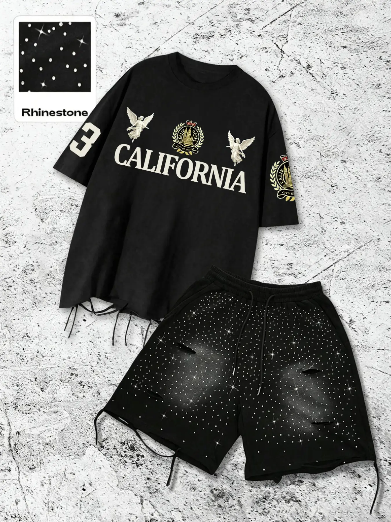 Men's Short-Sleeve T-Shirt Set: California Angel Rhinestone Distressed Two-Piece Set: Vintage Print T-Shirt and Rhinestone Ripped Shorts, Y2K Street Style Set