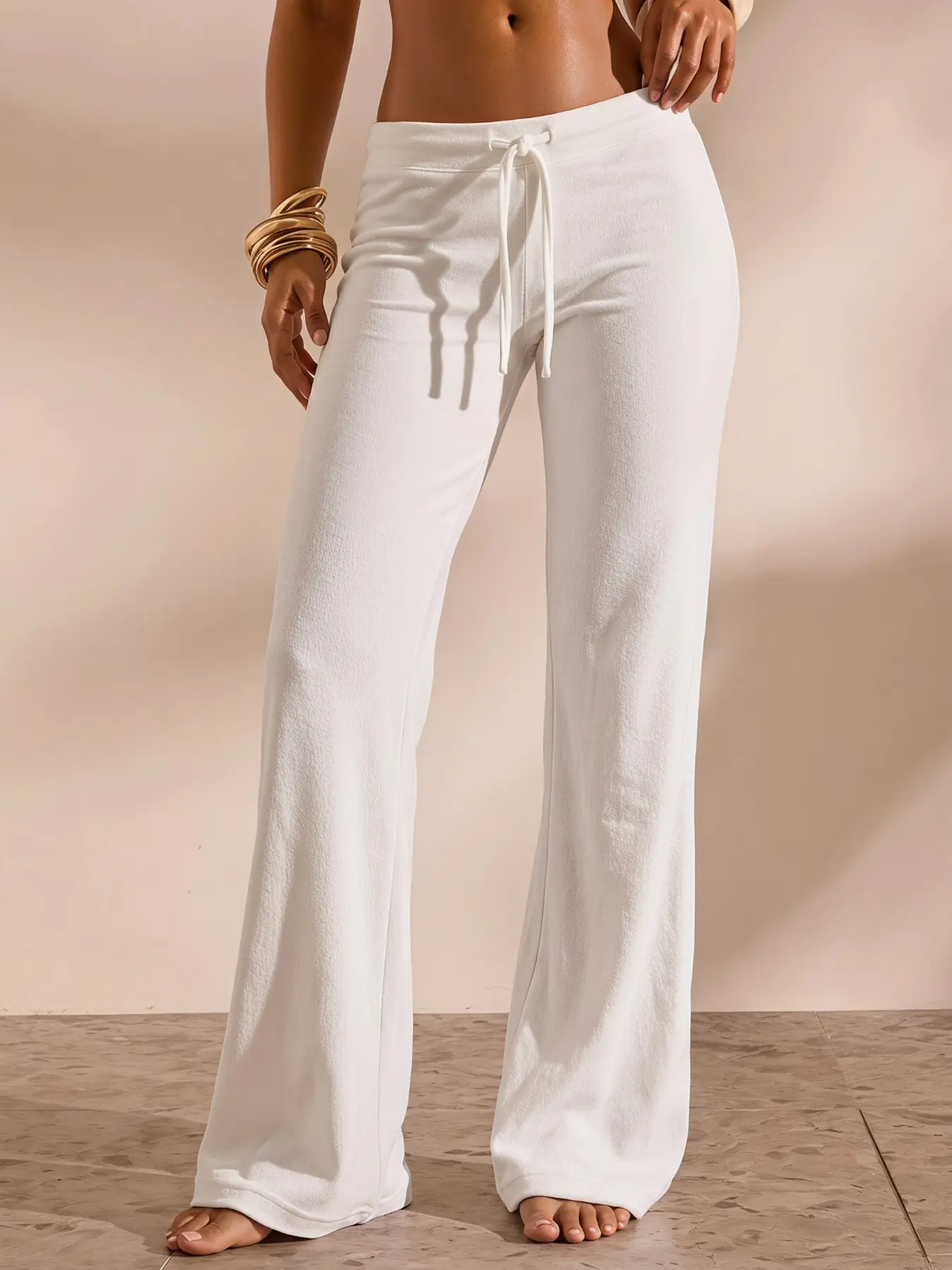 Women's Drawstring Mid-Waist Flare Pants, Soft Knit Wide Leg, Y2K Casual Elastic Sport Sweatpants, Vintage Streetwear for Daily Wear