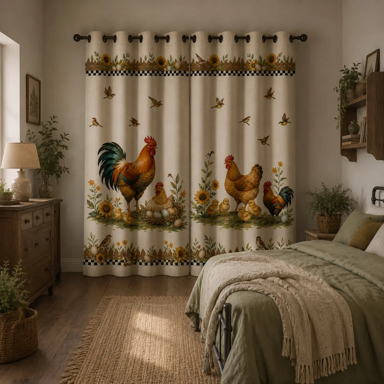 Fall Harvest & Thanksgiving Farmhouse Chicken Blackout Curtain Set, 2-Panel Rooster, Hen, Chicks, Egg & Sunflower Grommet Drapes, Room-Darkening Privacy Decor