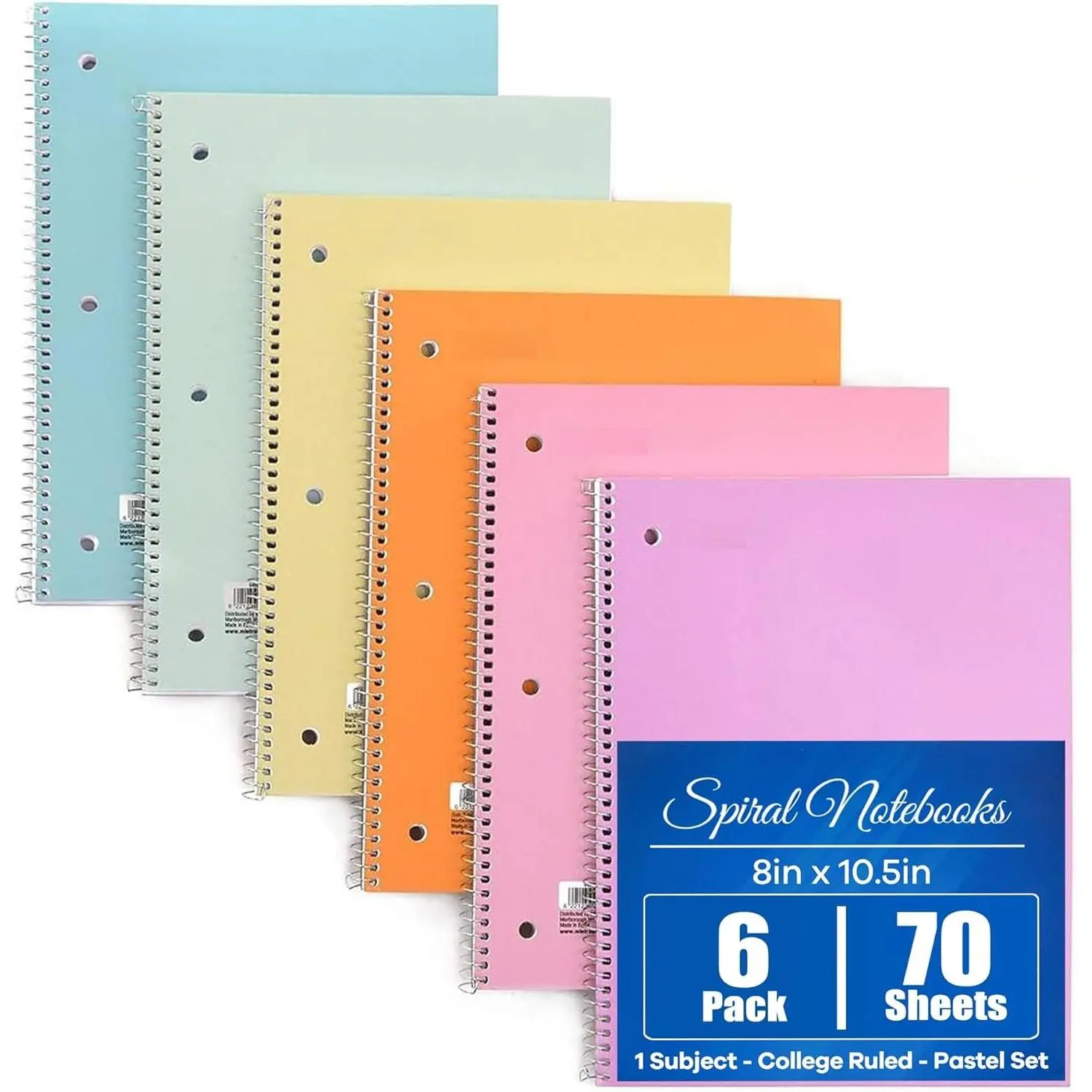 Modern Wirebound Spiral Notebooks - 6 Pastel College Rule, 70 Sheets, Aesthetic Office Stationery Writing Pads for School & Student Supplies