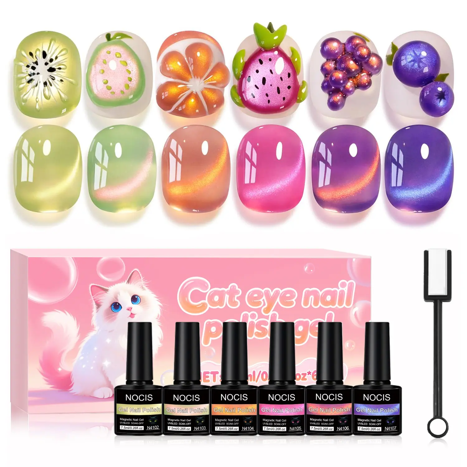 Nocis 6 Color Jelly Cat Eye Nail Polish Set, Fruit Crystal Series, Magnetic Cat Eye Gel, UV LED Cured, DIY Summer Manicure Kit, Nail Art