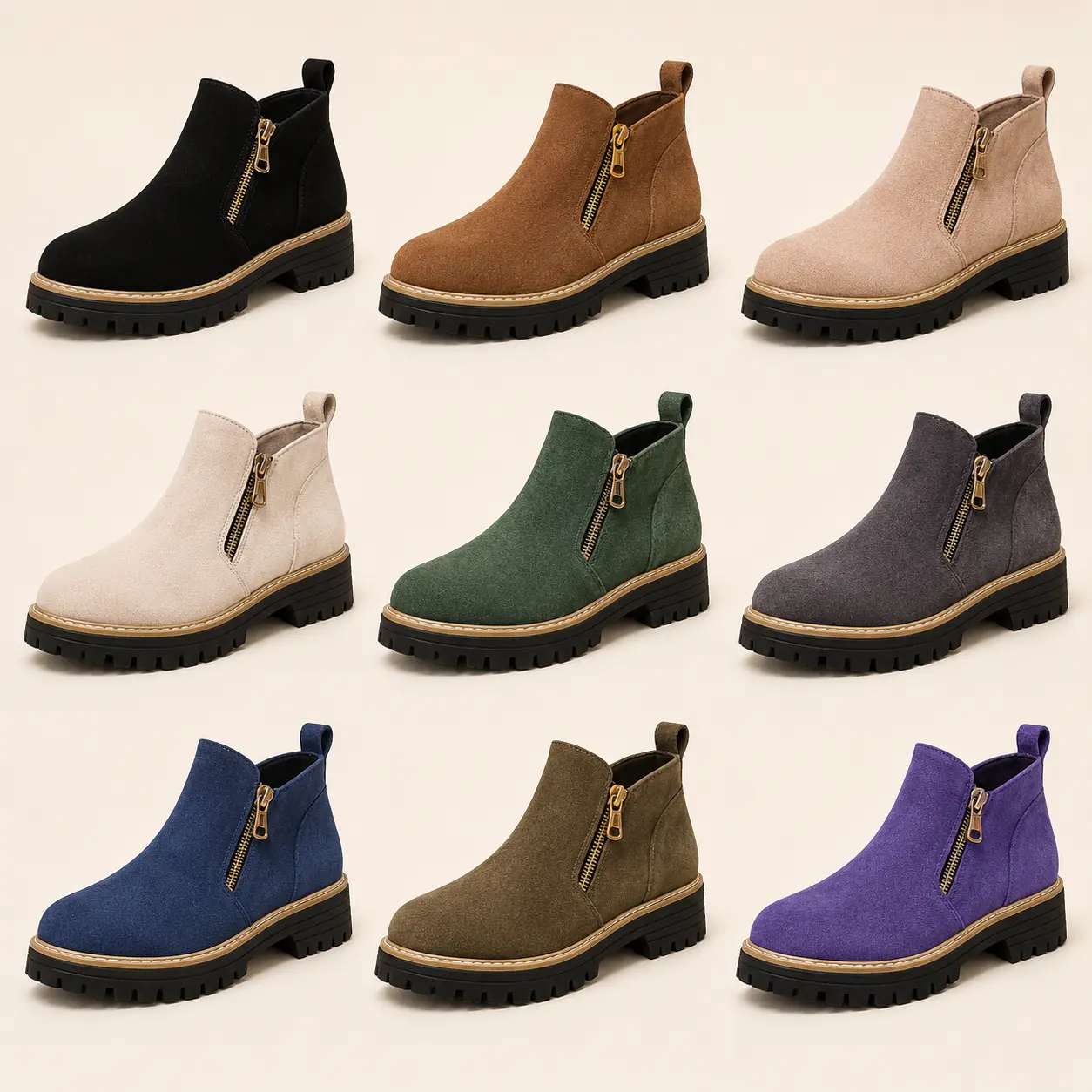 Women’s Faux Suede Ankle Boots with Side Zipper, Round Toe Chunky Lug Sole Casual Booties for Fall Winter