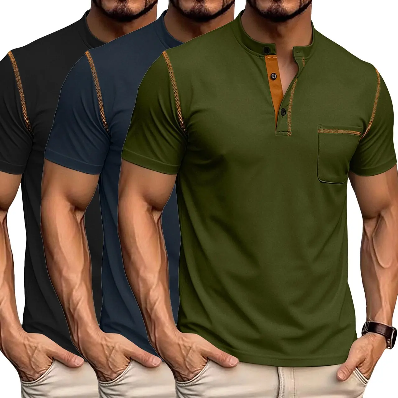 Men's 3-Pack Henley Polo Shirts - Short-Sleeve, Relaxed Fit, Soft 3pcs (Navy Blue, Black+Navy Blue+Blue Grey) Smart Casual Tops for Daily, Outdoor Wear, Henley Shirt, Menswear, Henley Neck