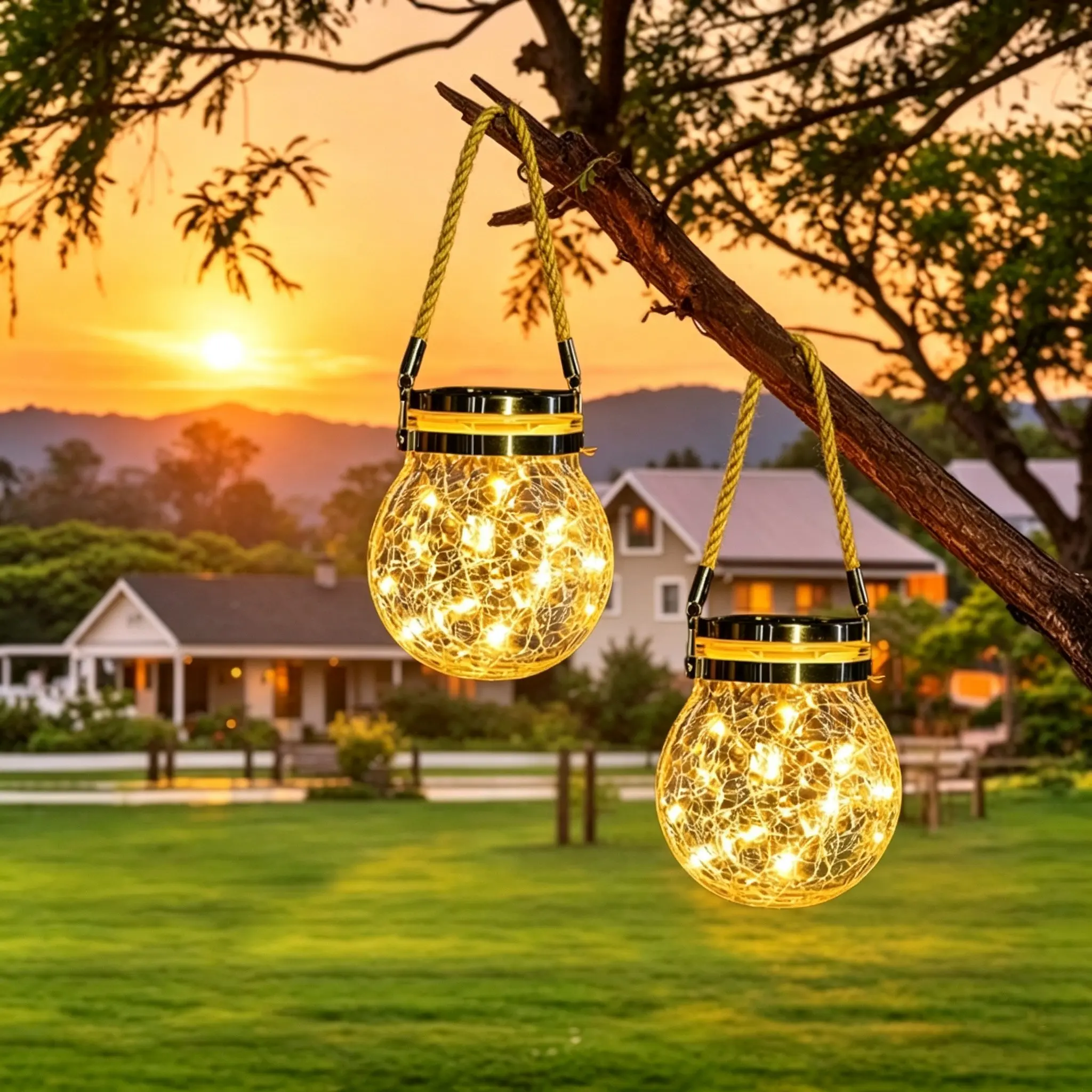 2 Pack Solar Hanging Crackle Glass Jar Lights, Outdoor Waterproof Fairy Lanterns, LED Firefly Lights for Garden Patio Wedding Decor, Solar Decorative Lights
