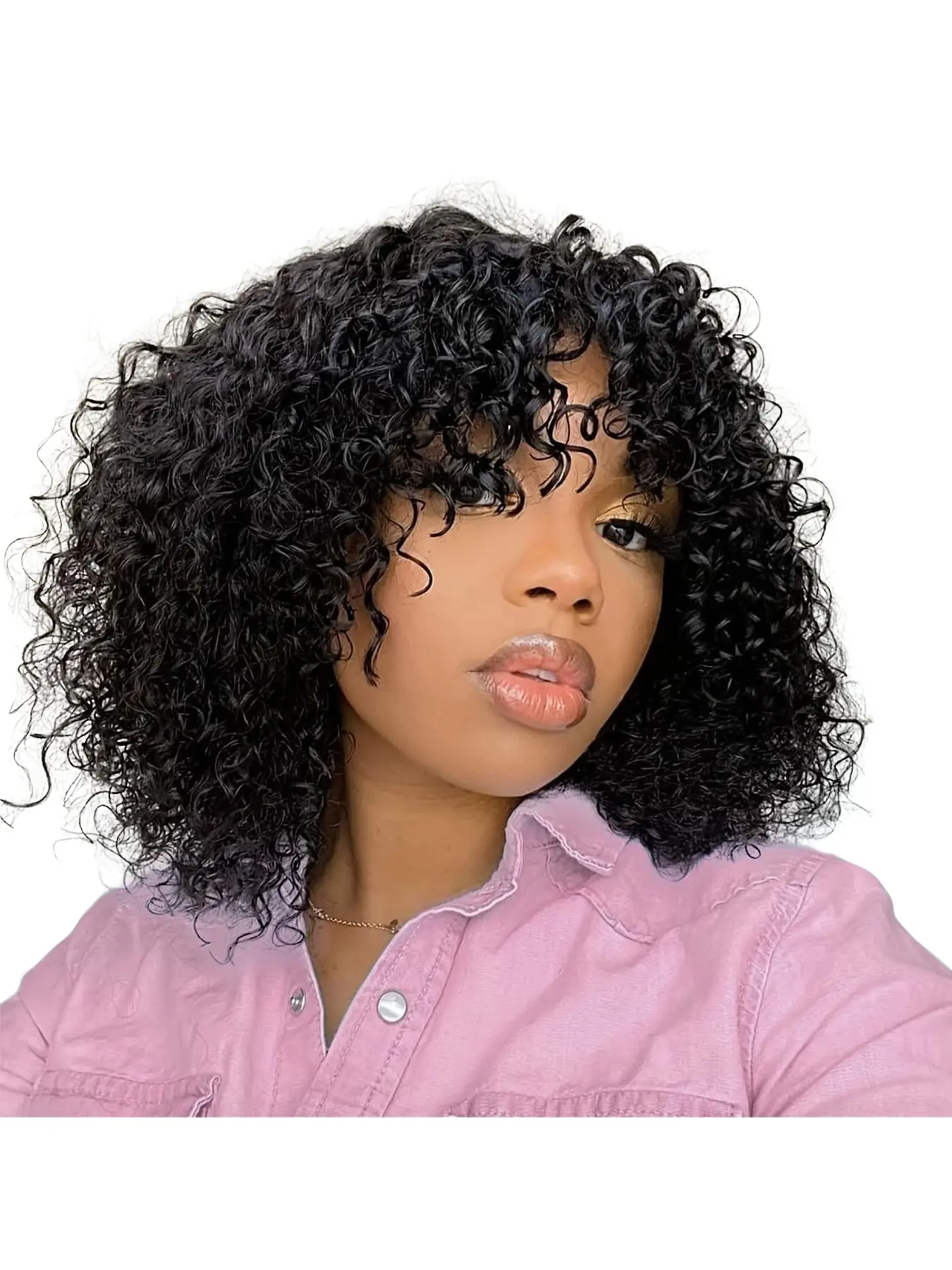 Curly Black Wig with Bangs 14 Inch Short Bob Wig for Women Synthetic Heat-Resistant Hair None Lace Front Wigs for Black Women Machine Made for Daily and Party Use 200% Density Synthetic Fiber Wig