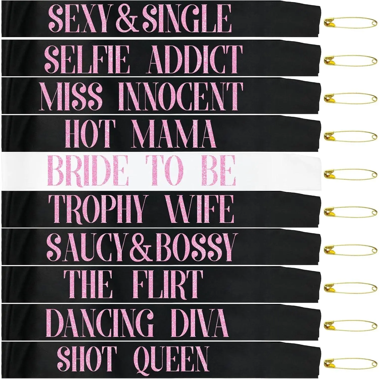 10 Pcs Bachelorette Party Sashes Set - White Bride to Be Sash and Black Bridesmaid Sashes for Bachelorette Bridal Shower and Hen Party Decorations Favors (Glitter Hot Pink Letters)