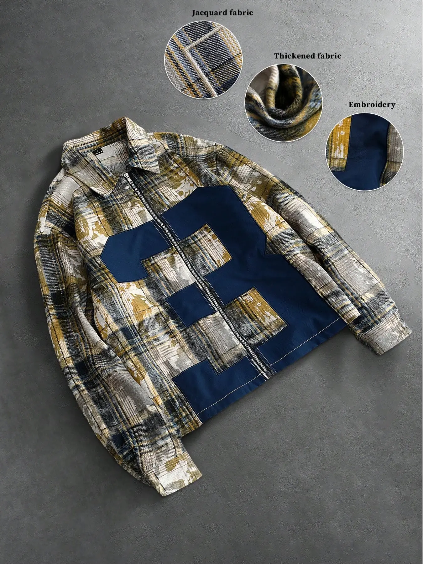 Vintage Plaid Men's Zipper Jacket, Boxy Loose Fit, Thick Fabric Patchwork, Versatile Street Outerwear, Ideal for Camping, City Walks, Fitness, Casual Parties