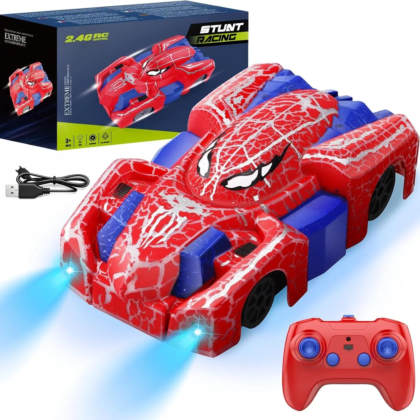 Spider Climbing Remote Control Toy Car, 360° Rotating Rechargeable with LED Lights, 20-25 Minute Battery Life, Gift for Kids Aged 3+