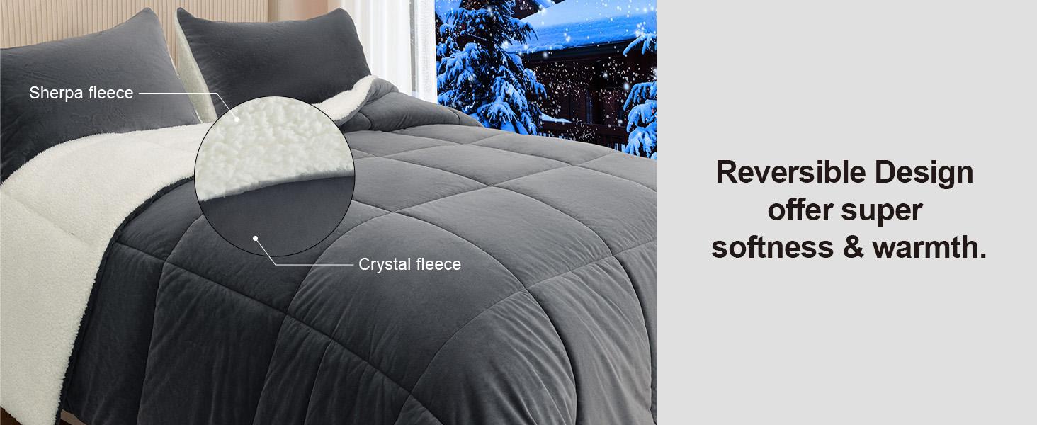 Gray King Size Comforter Set 3 Pieces,Winter Warm Plush Reversible Down Alternative Comforter & 2 Pillow Shams,Thick Fuzzy Micromink Fleece Bedding Comforter Sets(Charcoal,King) |   Soft, Warm Bedding