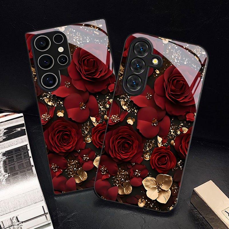 Stylish Tempered Glass Protective Case with a Rose Flower Design for Various for Samsung Galaxy S26 S25 S24 S23 S22Pro S21 S20 Fe Plus Ultra Pro A56 A55 A54 A53 A52 A51 A36 A35 A34 A32 A26 A25 A24 A23 A16 A15 A14 A06 A05 A03s, Offering Anti-Drop Features