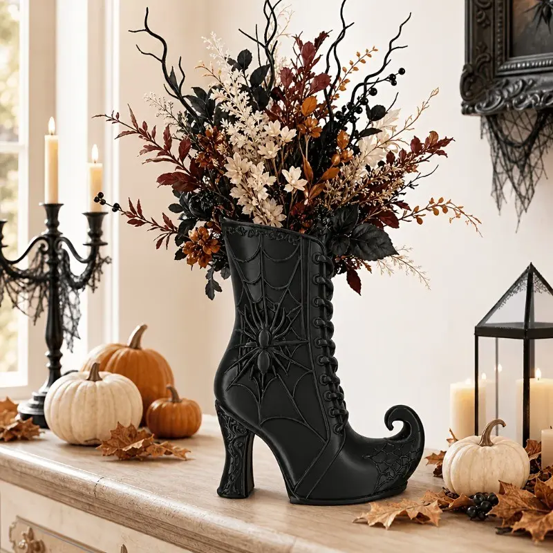 Halloween Witch Boot Vase, 3D Printed Spider Web Decor, Gothic Floral Arrangement, Modern Table Centerpiece, Elegant Vase for Living Room Shelves