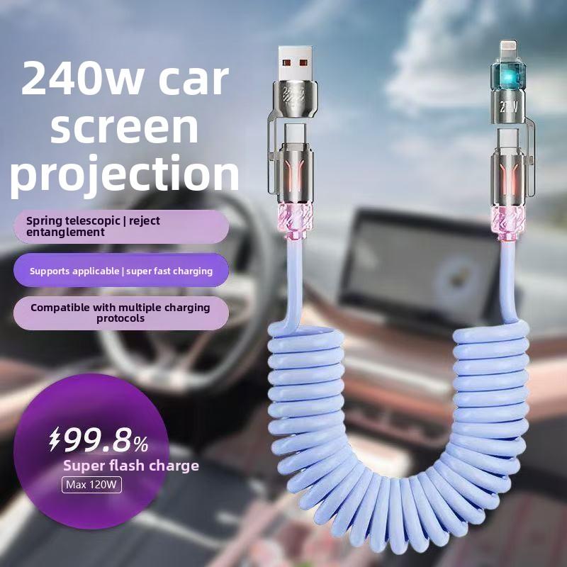 240W Super Fast Charging 4 in 1 Spring Car Charging Cable Compatible with Apple Huawei USB C Lightning USB A Car Data Cable for Phone magnetic mount