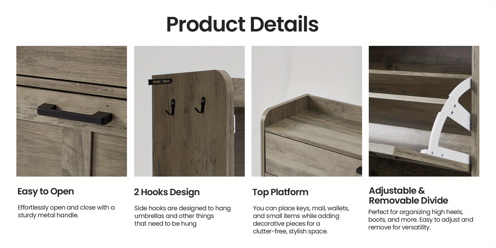 Farmhouse Style Freestanding Shoe Cabinet with 2 Flip Drawers, Large Capacity Storage for Entryway, Adjustable Compartments, Heavy Duty Build, Side Hooks Included, Oak Gray Farmhouse Style Freestanding Shoe Cabinet with 2 Flip Drawers, Large Capacity Storage for Entryway, Adjustable Compartments, Heavy Duty Build, Side Hooks Included, Oak Gray