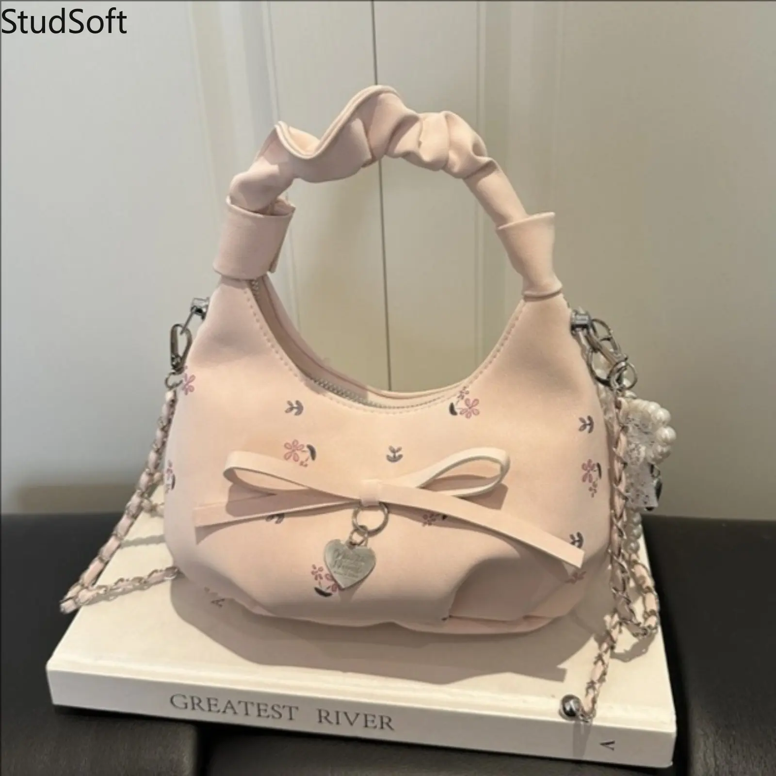 Floral Embroidered Ruched Handle Bag Soft Pink Crescent Shoulder Purse Elegant Bow knot Crossbody Satchel for Women Holiday