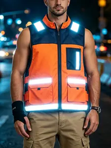 Men's high-visibility reflective safety work jacket, multi-functional work jacket for storage, breathable and durable design, suitable for construction work, road cleaning, warehouse and logistics, night riding, emergency duty