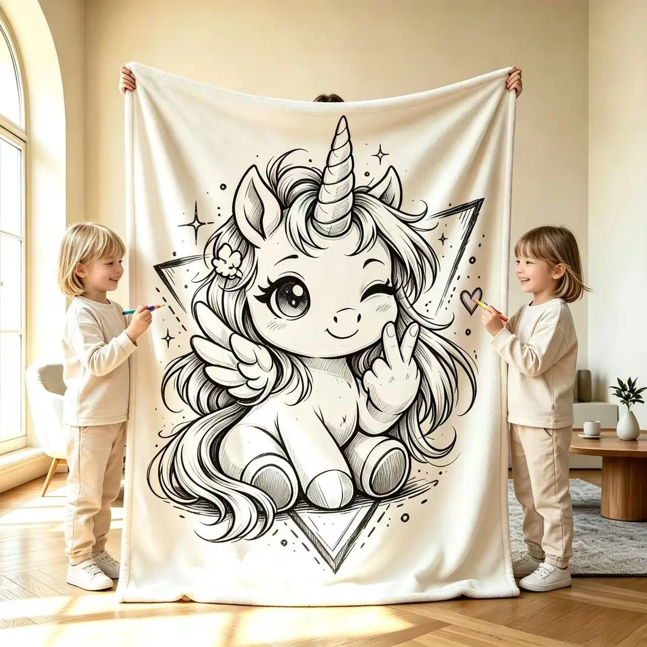 Color Fillable Flannel Art Blanket Custom Coloring Sherpa Blanket Kit, Cute Wink Unicorn Angel Line Art Throw Blanket, DIY Colorable Black White Doodle Blanket, Soft Flannel Blanket Perfect As Creative Craft Gift For Girls Kids Bedroom Decor