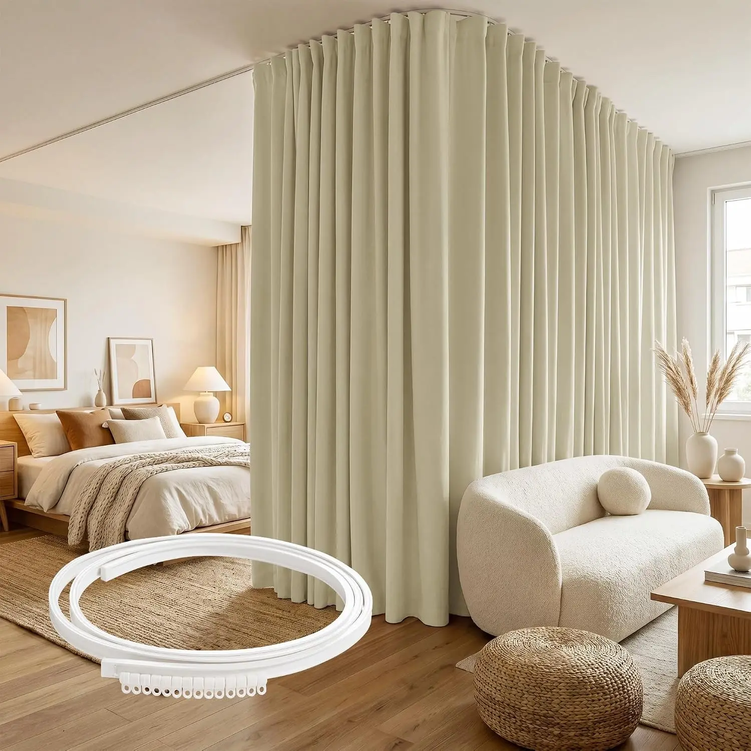 Blackout Room Divider Curtains with Flexible Track Ceiling&Wall Mount, Thermal Insulated Extra Wide Long Track Curtains with Hooks for Living Room, W100 x L84 inch Long, 1 Panel, Beige