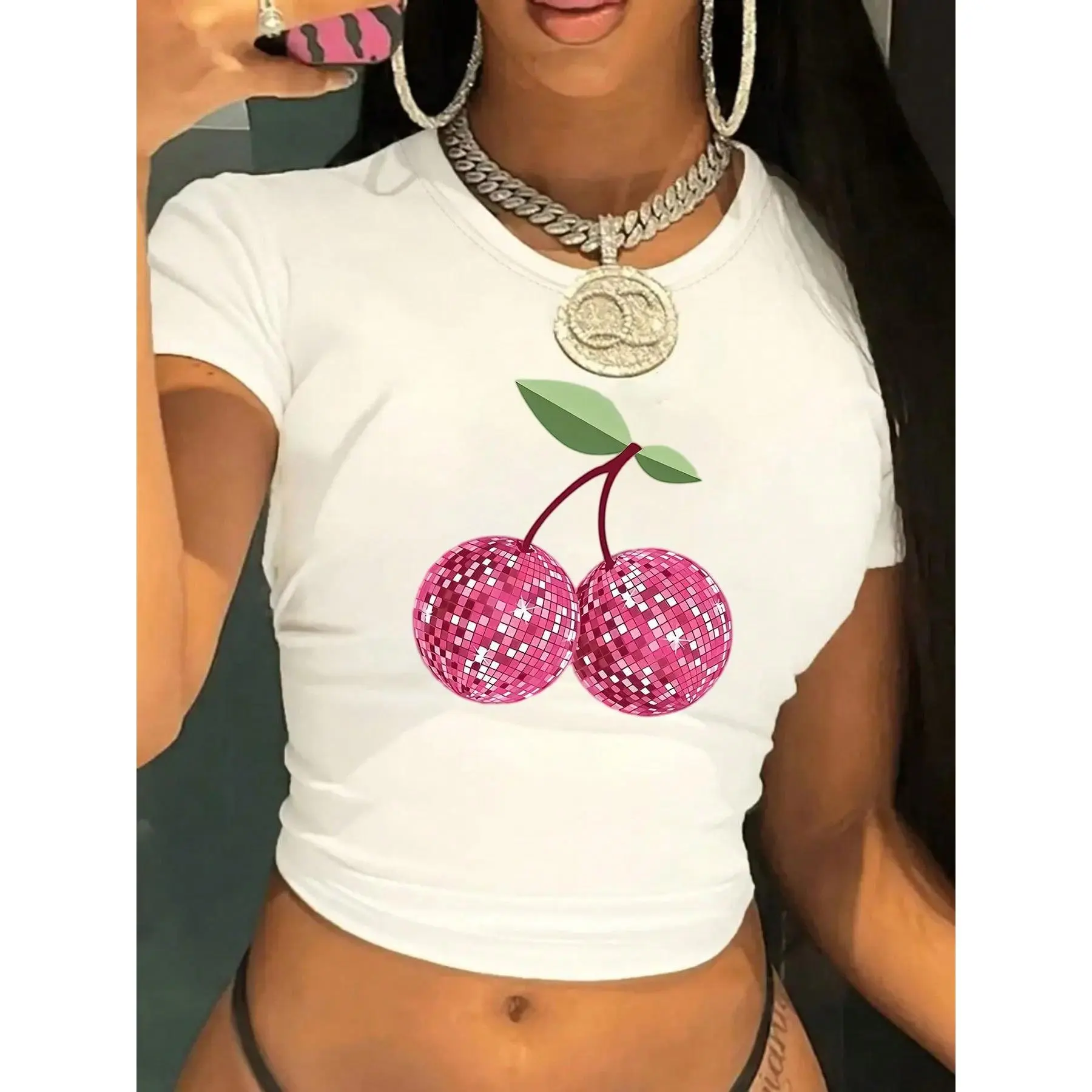 Y2K Style Women's Short T-Shirt - Slim-Fit, Waist-Revealing, Glitter Cherry Geometric Print, Round-Neck, Short-Sleeved Top, Breathable, Versatile