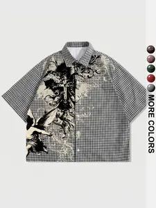 Unisex Retro Baroque Angel Pattern Short Sleeve Shirt, Loose Fit Casual Button-Down, Ideal for Travel, Skateboarding, Daily Wear