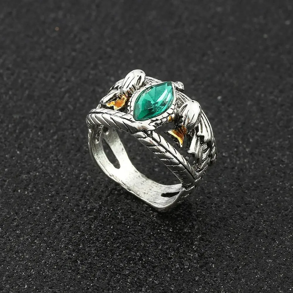 Male Gothic Fantasy Serpent Band Ring - Silver Aragorn's Ring of Barahir with Green Crystal, Gondor Costume Jewelry for Adults, Jewelry Enthusiasts, Cosplay