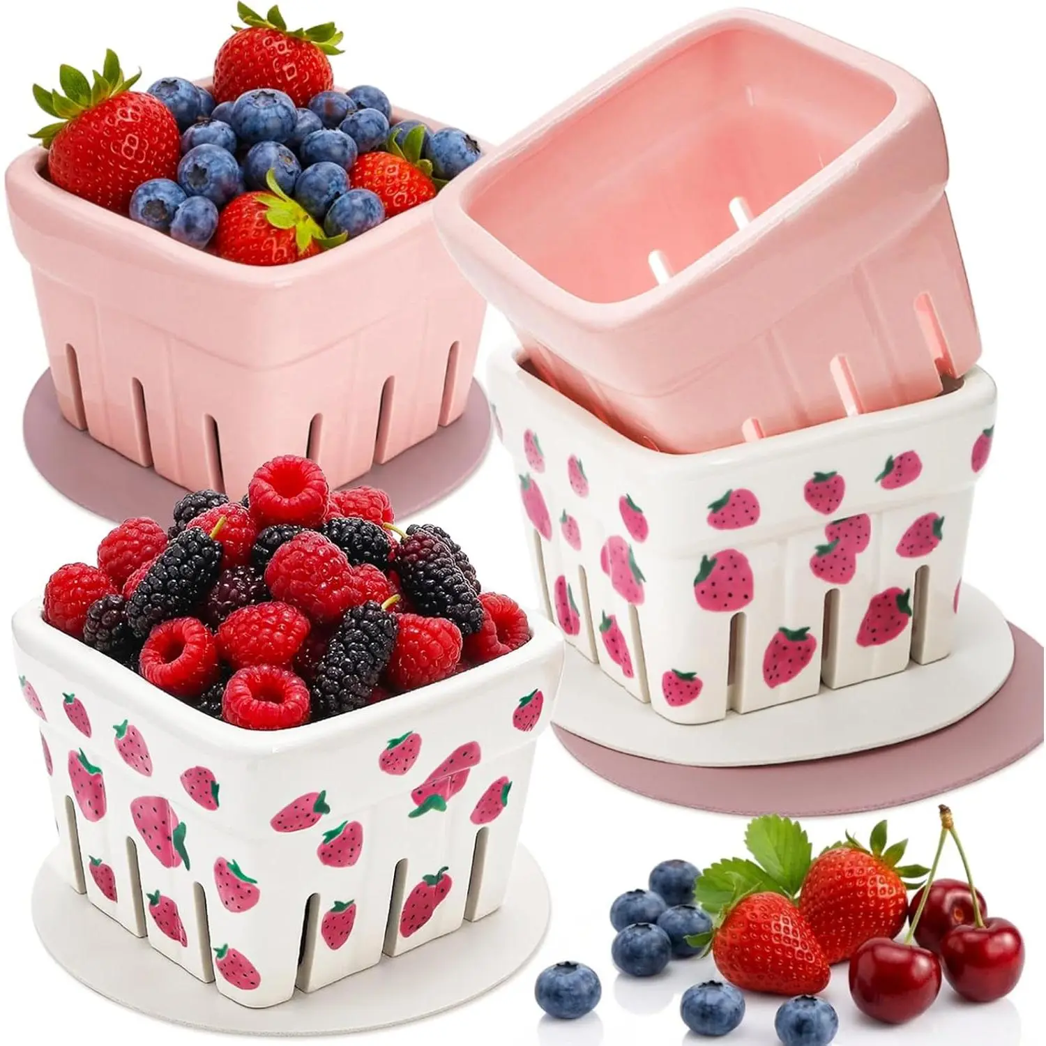 4-Pack Square Shape Ceramic Fruit Berry Baskets, 4.7" Smooth Waterproof Organizers with Holes & Pads, Pink White Fridge Containers, Decorative Colanders for Strawberries, Kitchen & Plant Gift Holders