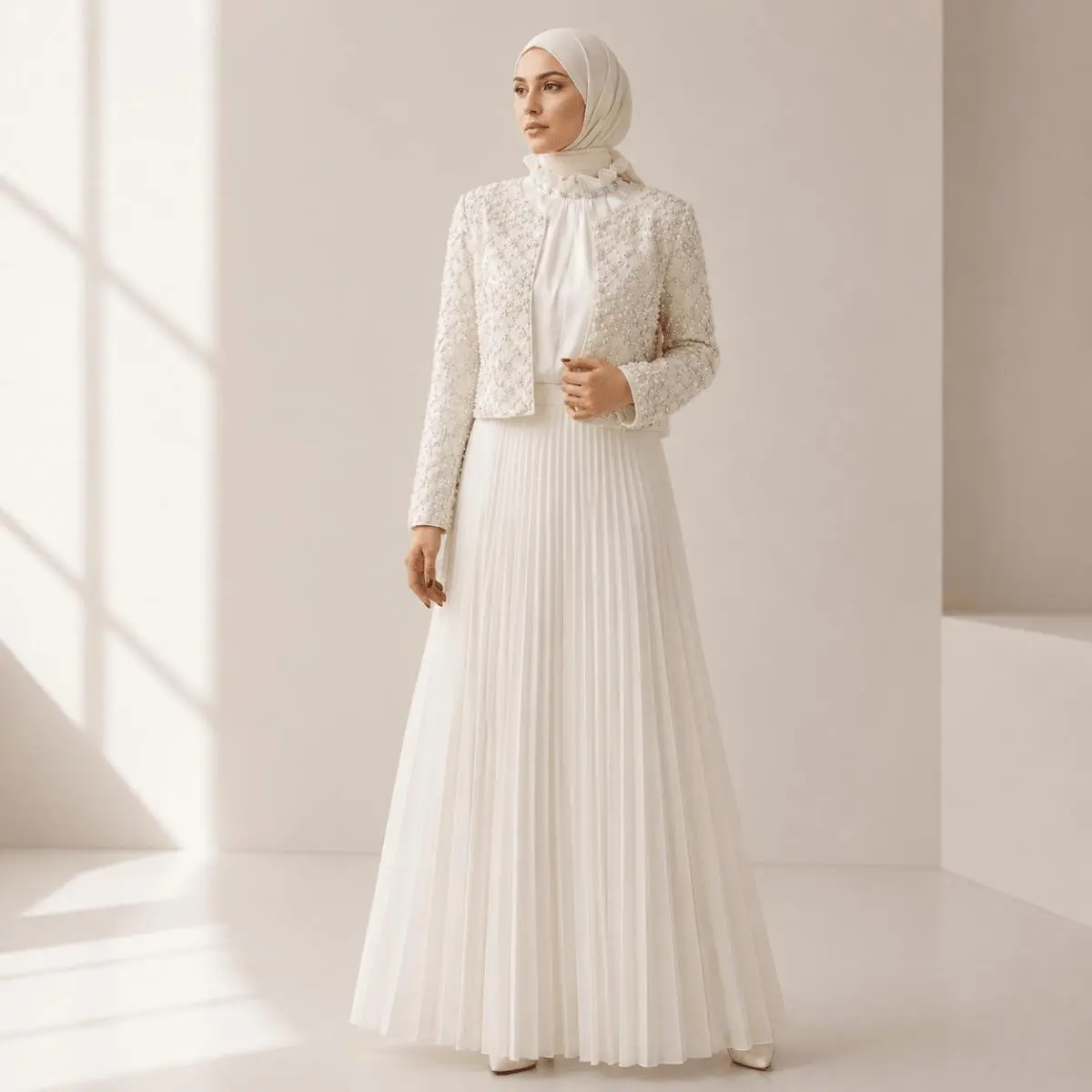 Women's Islamic Modest 2-Piece Co-ord Set Outfit - Formal Matching Outfits Set, Structured Pearl & Rose Embroidery Cropped Jacket, Long-Sleeve Crew-Neck Accordion Pleated Dress
