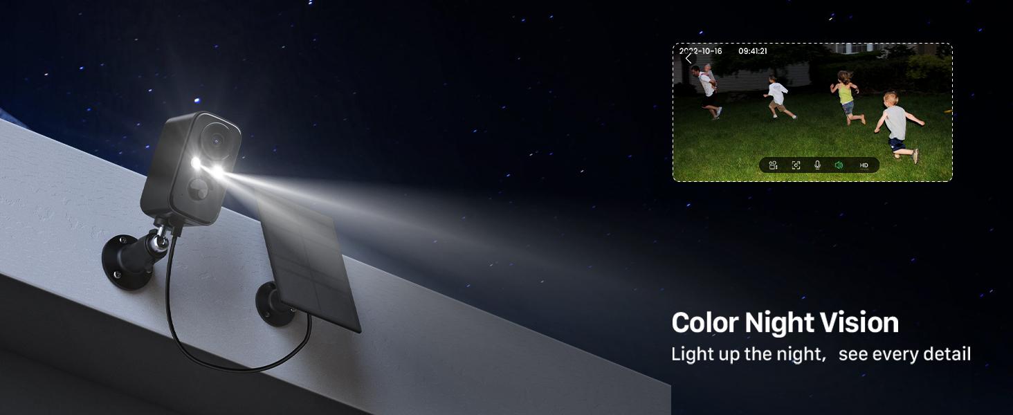 Wireless Indoor/Outdoor Home Security WiFi Camera – Solar & Battery Powered, Motion Sensor Floodlight Alarm, 2-Way Talk, 2K Color Night Vision, IP66 Waterproof Black Recording