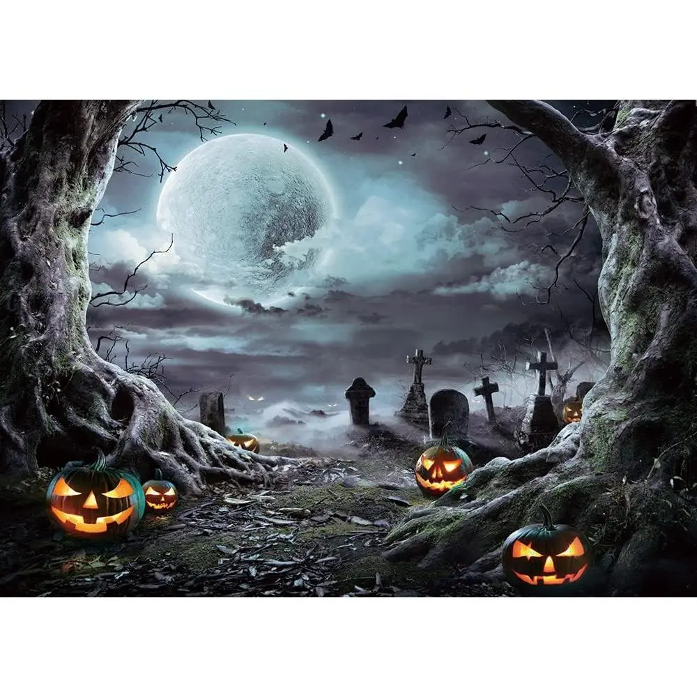 7x5ft Halloween Photography Backdrop Horrible Graveyard Pumpkin Lantern and  Night Backdrop for Halloween Party Decoration Halloween Photoshoot Studio Props