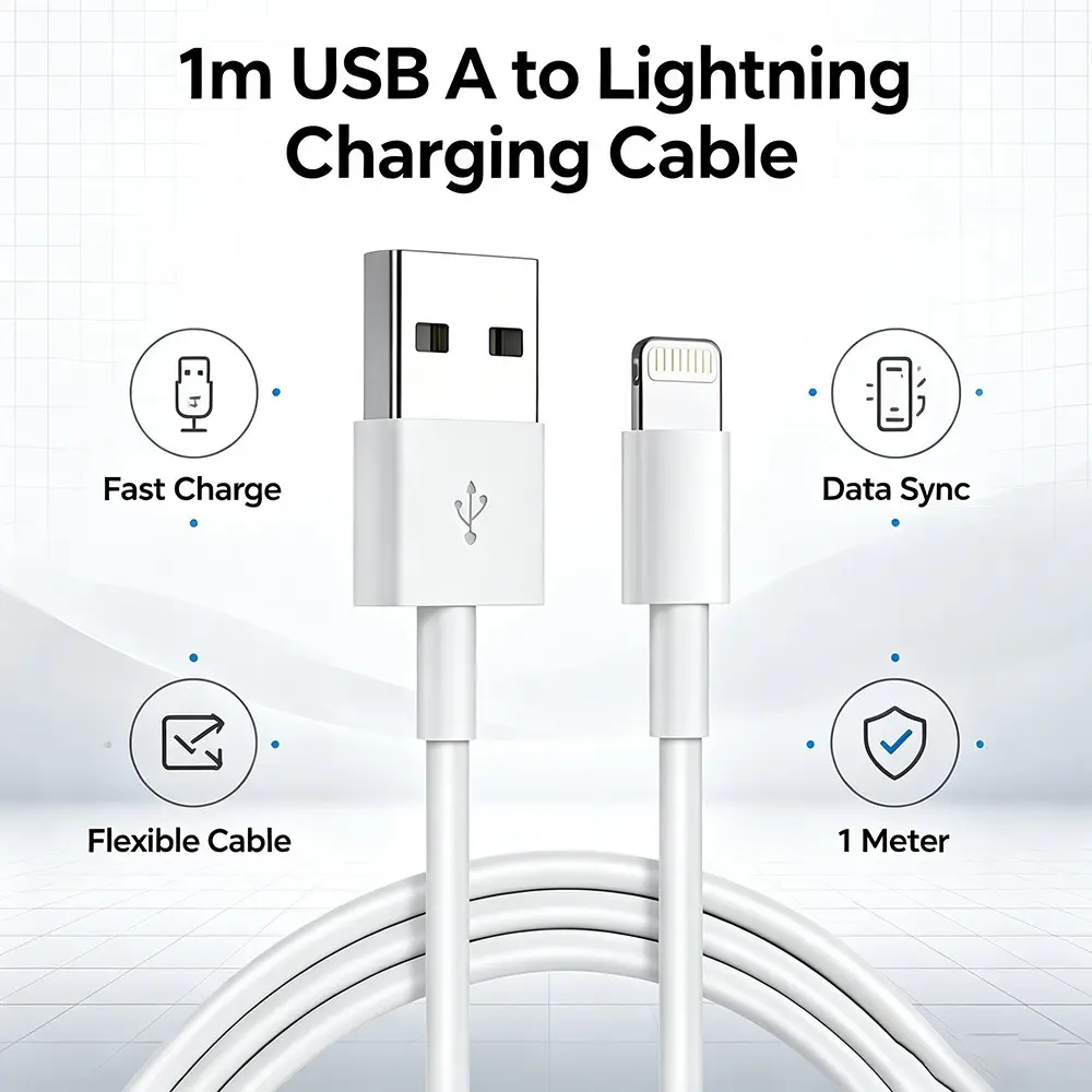 USB A to Lightning iPhone Charging Cable White Reinforced Anti Break Connector Fast Charging High Speed Data Sync Durable Cord Compatible with iPhone 14 13 12 11 X 8 iPad AirPods