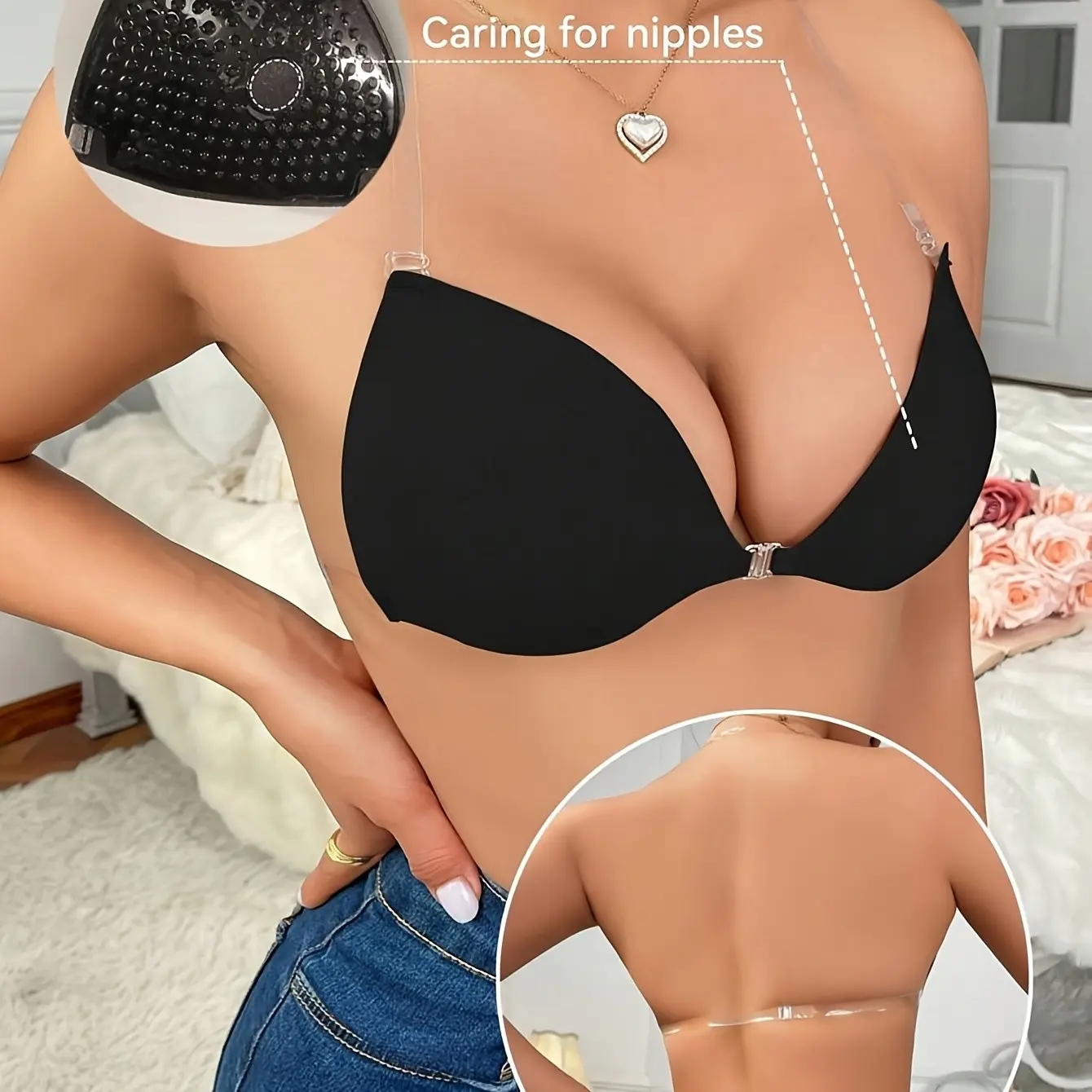 Women's Reusable Invisible Adhesive Bra, Classic French Triangle Cup, Backless Silicone Pads, Transparent Detachable Straps, Party Wedding Formal Wear, Basic
