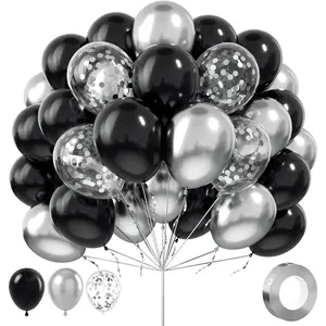 Balloons, Black and Silver, 100Pcs 12inch Black and Metallic Silver Balloons Party Decorations with Confetti Balloon for Birthday Graduation New Years Wedding Engagement Prom Party Decorations