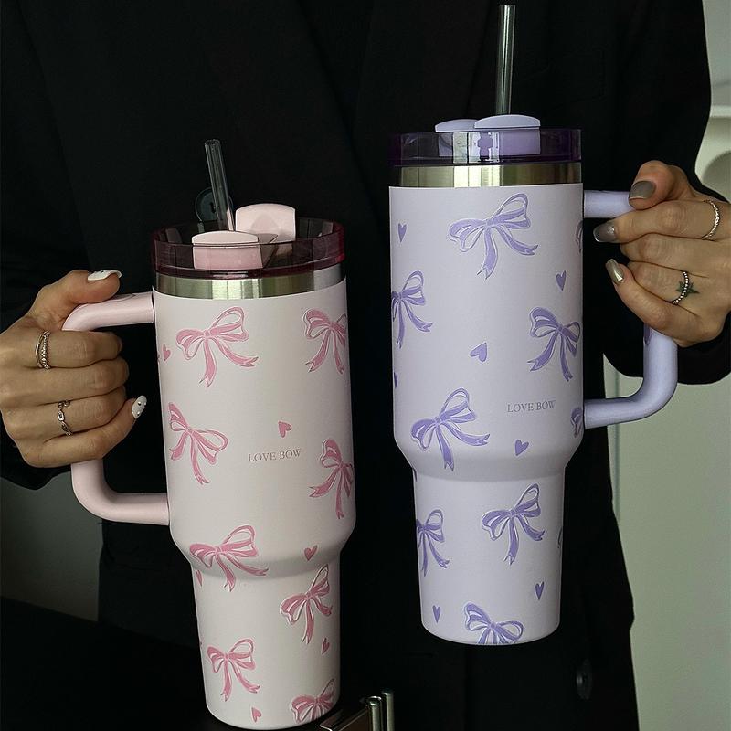 Bow Pattern Tumbler Cup, 40oz Large Capacity Stainless Steel Insulated Cup with Handle, Portable Coffee Cup for Travel, School, Office, Outdoor, Gym, Drinkware, Vacuum Insulated Tumbler