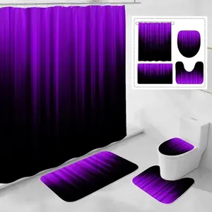 4 Pcs Purple and Black Gradient Shower Curtain Set with Rugs and Toilet Lid Cover, Bathroom Shower Equipment, Waterproof Fabric Restroom Bathroom Set, Ombre Stripe Gothic Abstract Bathroom Decor Set Accessories, Shower Essentials