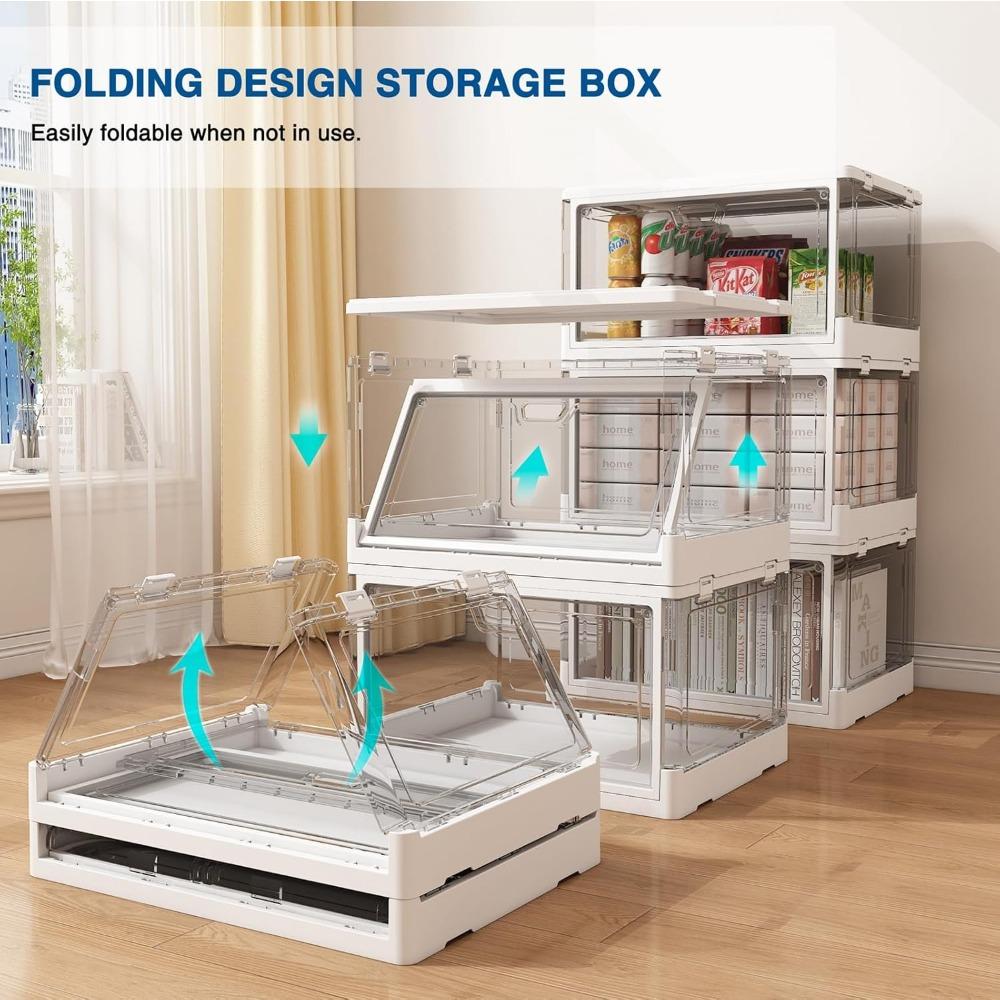 3 Pack Clear Stackable Storage Boxes with Lids Magnetic Doors Front Opening Foldable Plastic Craft Containers Large Wardrobe Organizer for Bedroom Living Room Study Toys 24 Quart