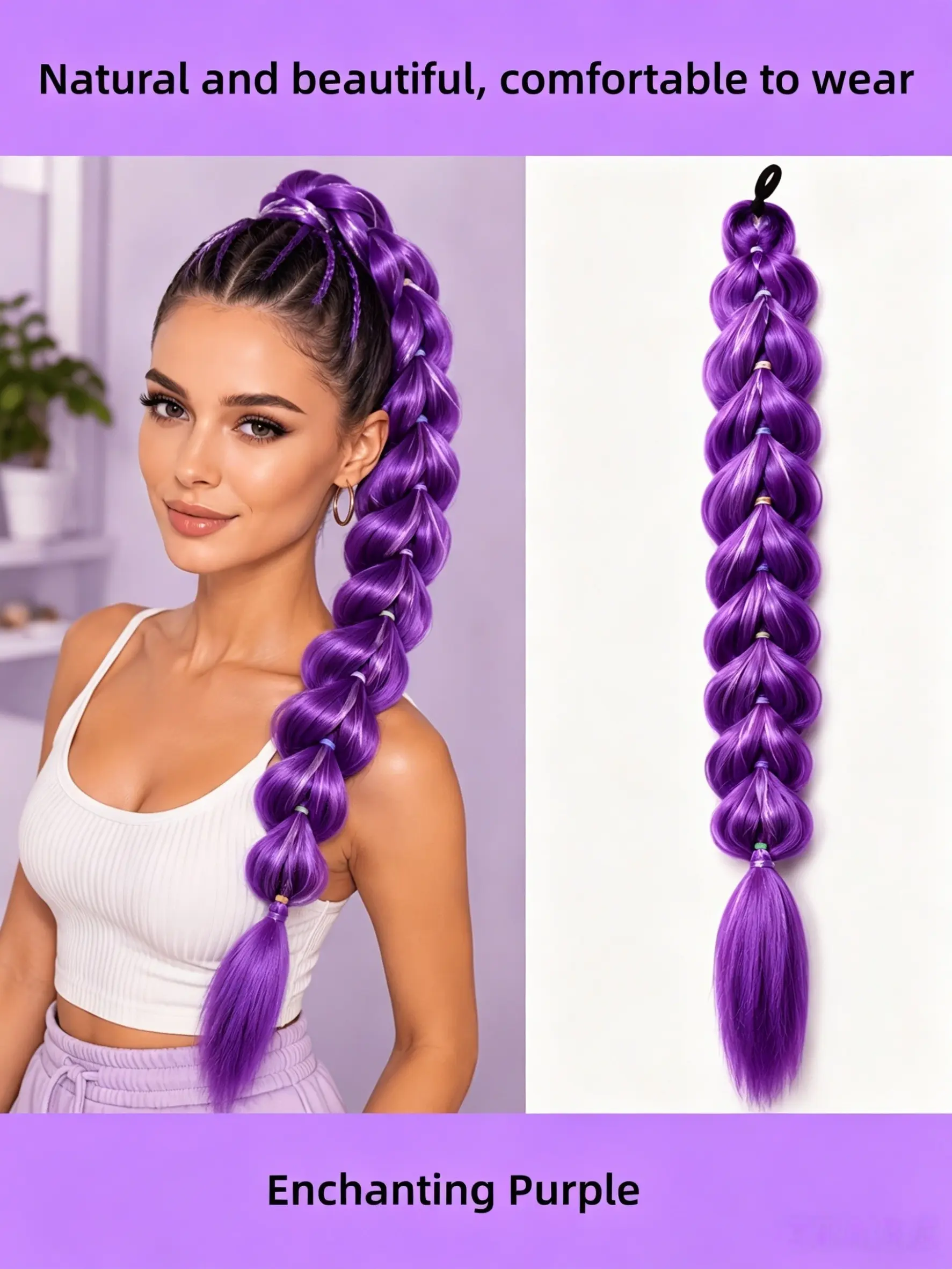 No braiding required! Purple braided ponytail headband with sequins, 24-inch colorful hairband, heat-resistant fiber, clip-on design, soft and smooth—perfect for women’s everyday wear, parties, cosplay, and Halloween and Christmas holiday costumes.