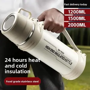 Outdoor Portable Large Capacity Insulated Water Kettle, Stainless Steel Lid, Double Wall Vacuum Flask, 1.2L 1.5L 2L, Sports Hiking Camping