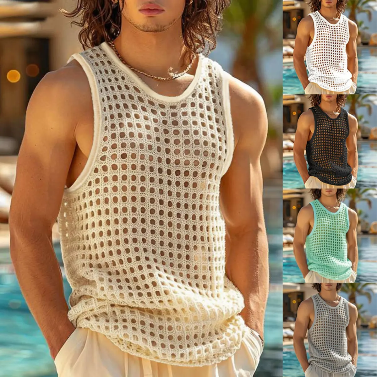 Men’s Mesh Tank Top, Sleeveless Muscle Workout Shirt with Hollow Out Design, Lightweight Knit Vest for Gym, Summer Streetwear, Festival Outfits & Casual Wear