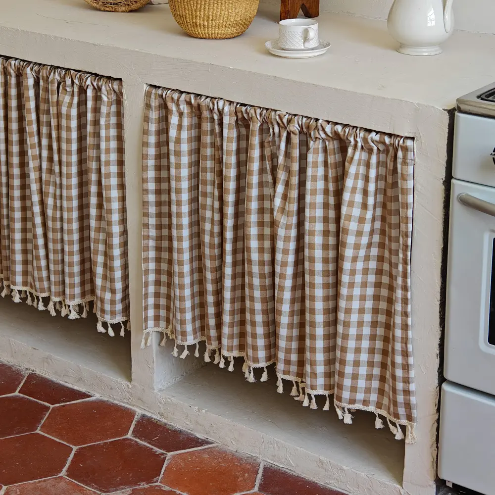 Boho Gingham Checkered Plaid Curtains with Tassels, Khaki & White Dustproof Storage Curtain for Under Sink & Shelves, 1 Panel (Rod Not Included)