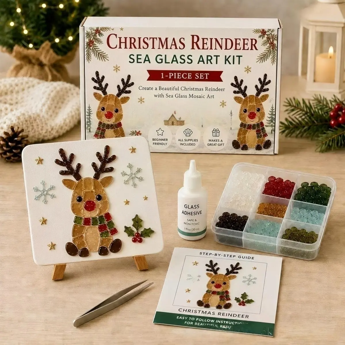DIY Christmas Painting Kit, Sea Glass Decoration, Reindeer Theme, Beginner Art Craft Set, Desktop Christmas Ornament Making Kit, Holiday Ornament
