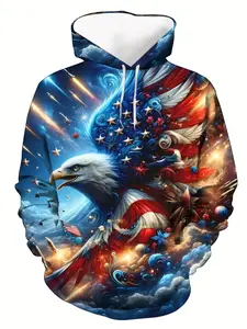American Flag Eagle God Full Print Hooded Sweatshirt, Patriotic Streetwear, Fall Winter Top, Casual Long Sleeve Pullover