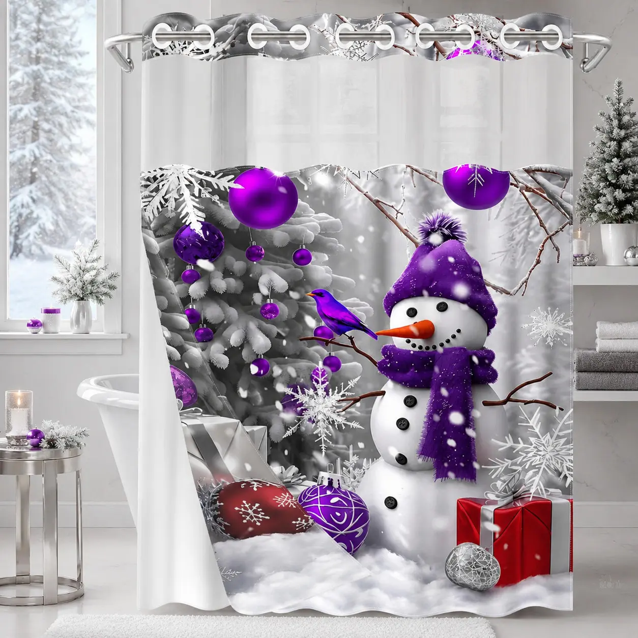 No Hooks Purple Christmas Snowman Ornament Shower Curtain with Snap-In Liner, Double-Layer Waterproof Fabric, Sheer Mesh Top, Removable White Liner, Winter Holiday Bathroom Decor, Hotel, Dormitory and Bathroom Accessories, 72x75in