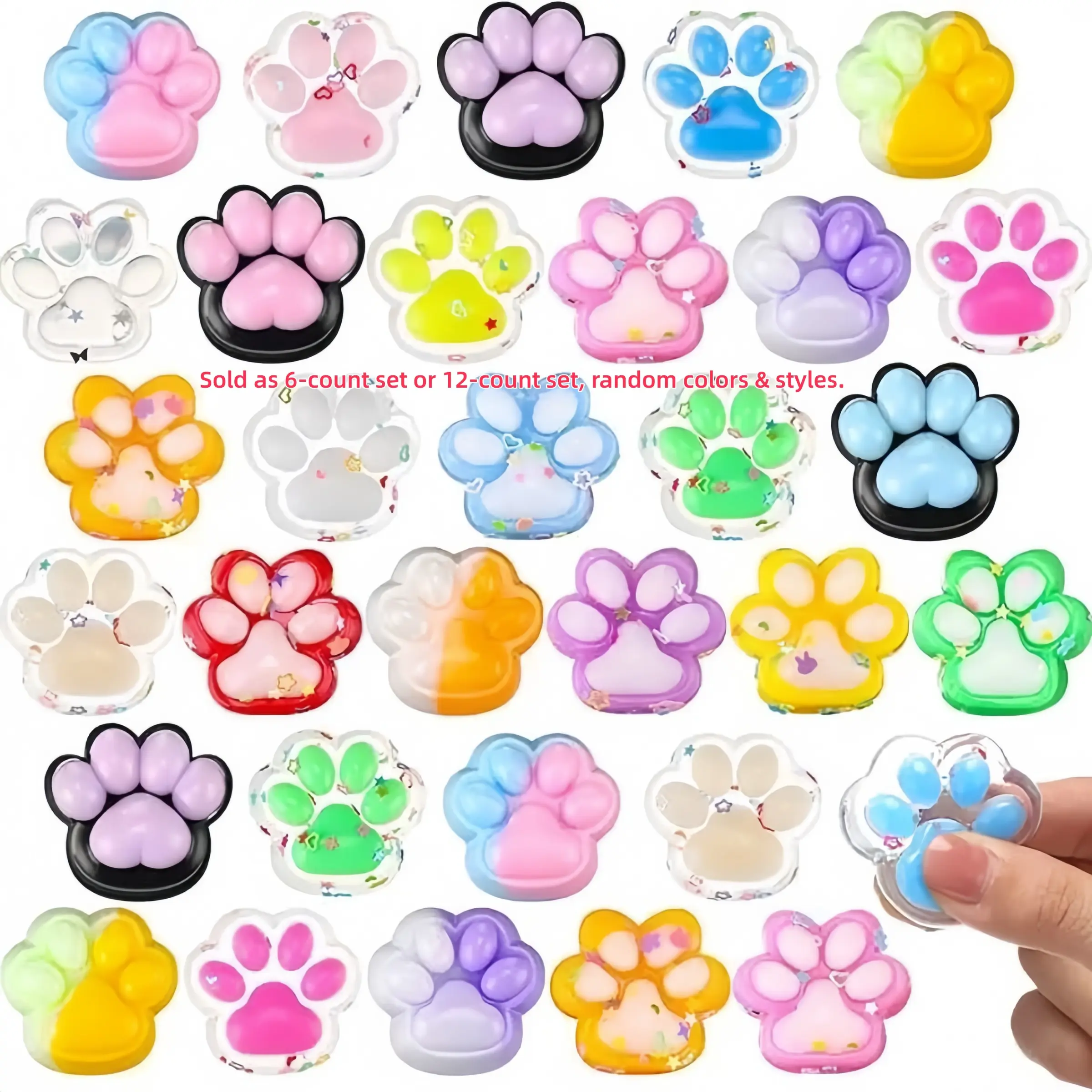 12/6 Pack Mini Cute Cat Paw Squishy Toys, Soft Squeeze Animal Paw Fidget Toys, Stress Relief Toys for Kids Ages 6+ & Adults, Ideal for Easter Egg Basket Fillers, Halloween & Christmas Party Favors Goodie Bag Stuffers.