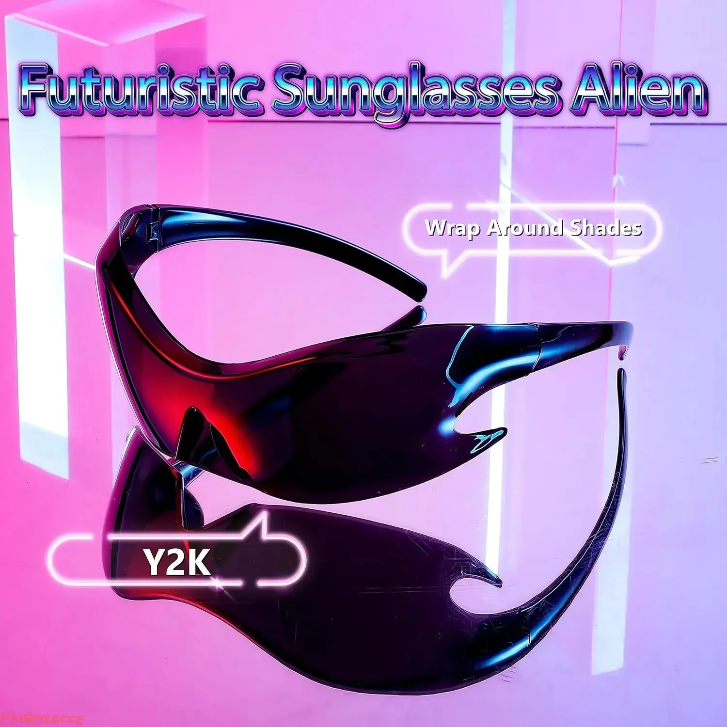 Y2K Futuristic Sunglasses for Men Women, Cyber Alien Inspired Wraparound Shield Lens Glasses, Retro Fashion Statement Eyewear with Lightweight UV Protection, Streetwear Travel Accessories for Festival Party Style