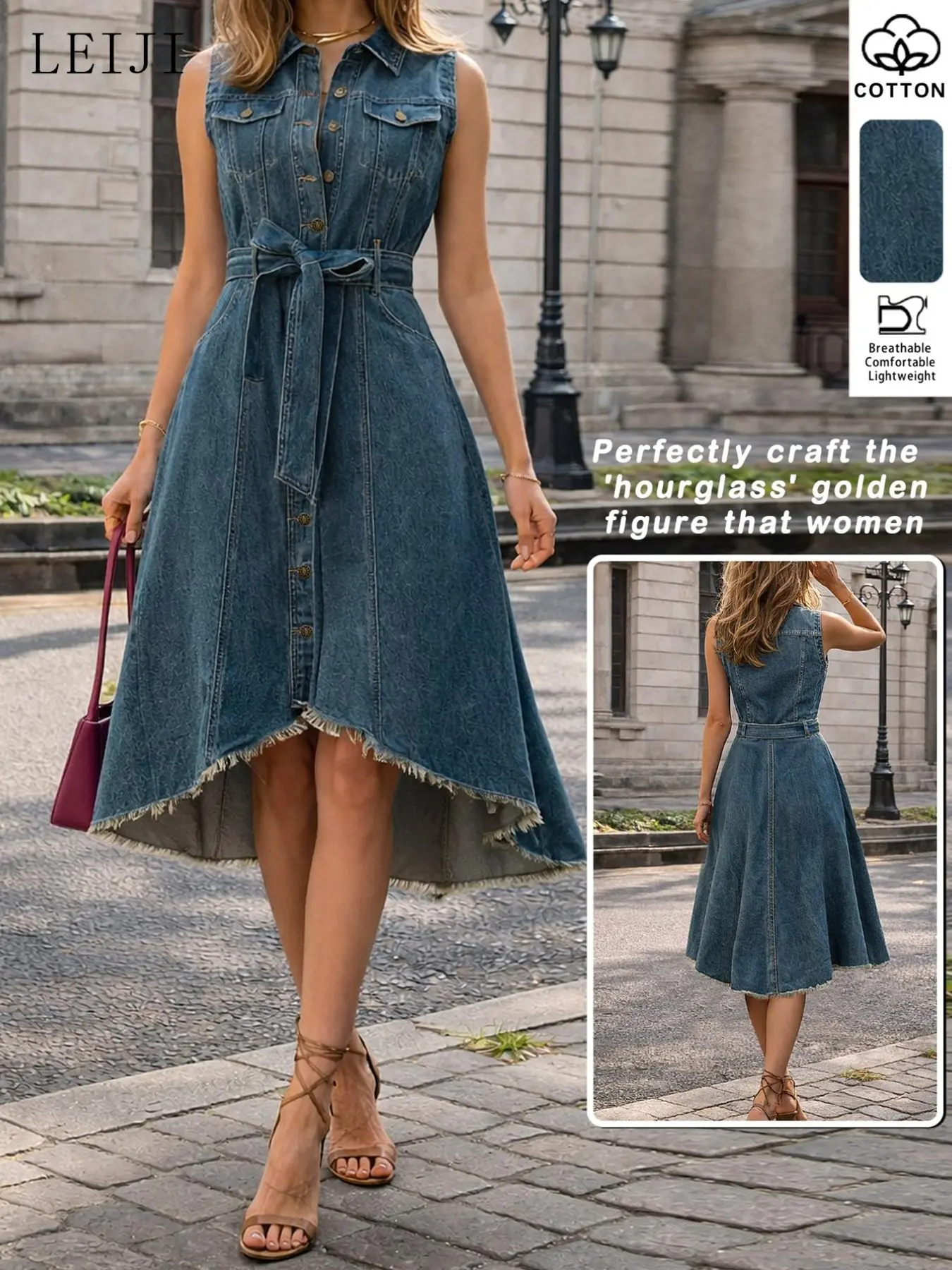 Women's Summer Vintage Waist Cinched Asymmetrical Hem Sleeveless Denim Dress, Front Button, Slim-Fitting Long Dress for Casual Dating & Daily Wear
