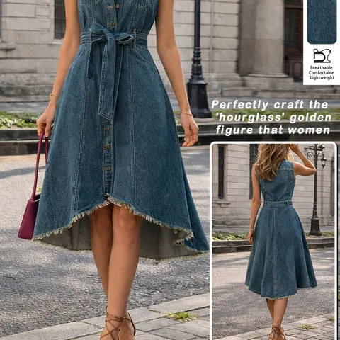 Women's Summer Vintage Waist Cinched Asymmetrical Hem Sleeveless Denim Dress, Front Button, Slim-Fitting Long Dress for Casual Dating & Daily Wear
