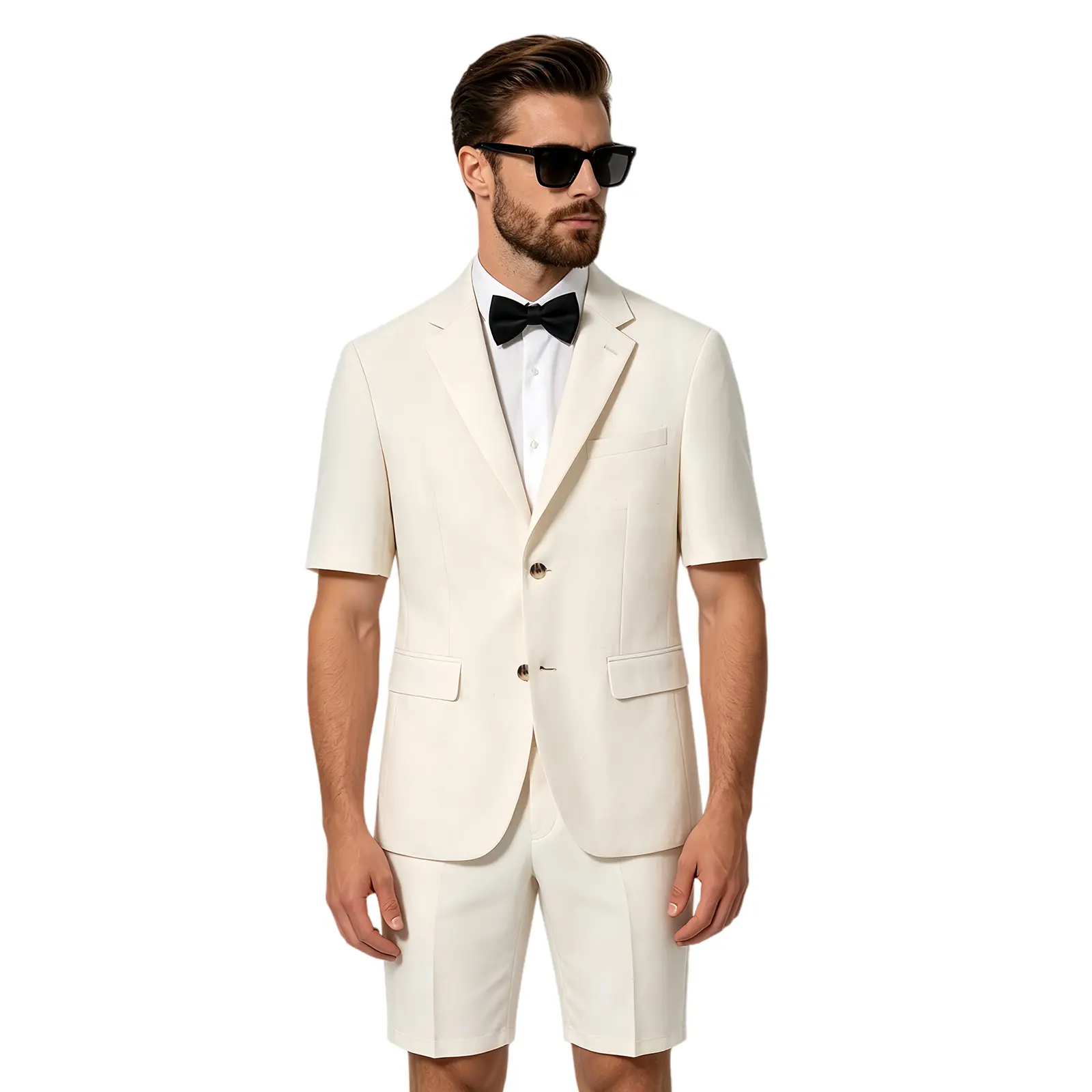 Men's Relaxed Fit 2-Piece Suit, Minimalist Solid Linen Blend Short Sleeve 2-Button Blazer and Straight Leg Shorts Set for Beach Weddings, Buttons