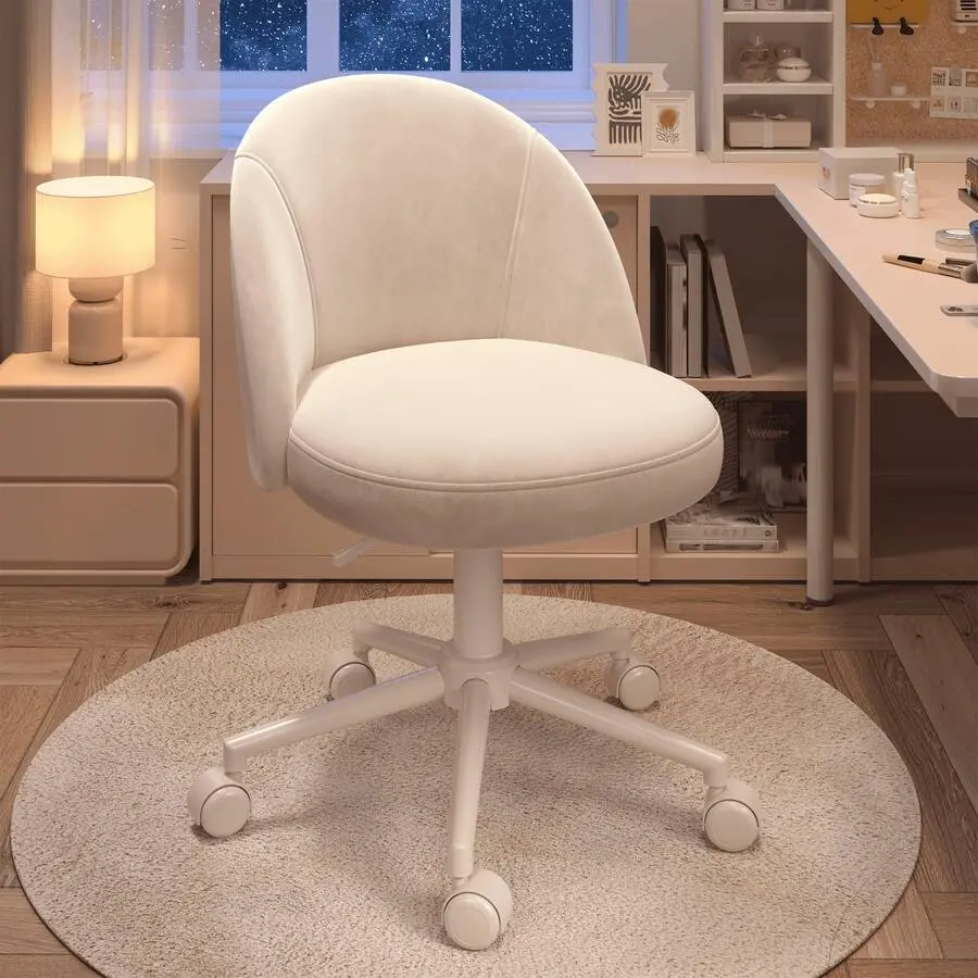 Vanity Chair With Wheels Velvet Swivel Desk Chair Adjustable Height Armless Small Office Chair With Lumbar Support Silla De Vanity Makeup Room, Bedroom, White